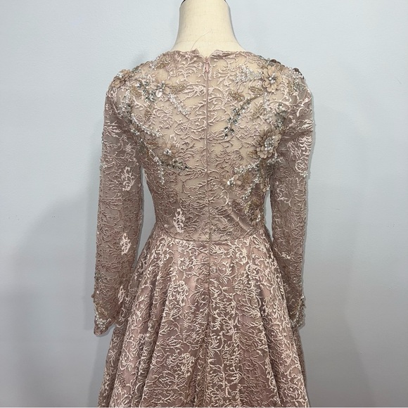 Mac Duggal Embellished Illusion Long Sleeve A line Gown In Mocha Pink - Reemoly - Picture 12 of 17